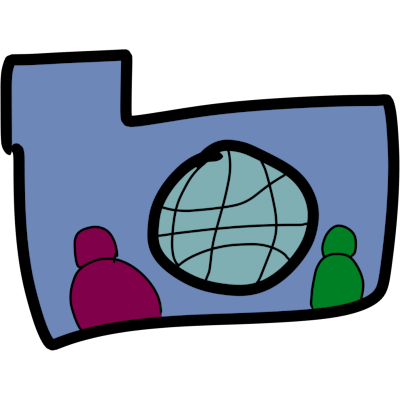 a blue folder with a muted cyan Internet globe symbol and two simple human figures